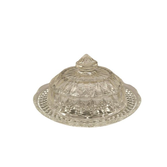 Jeannette Glass Windsor Crystal Butter Dish Clear Round Two Piece - Picture 3 of 7